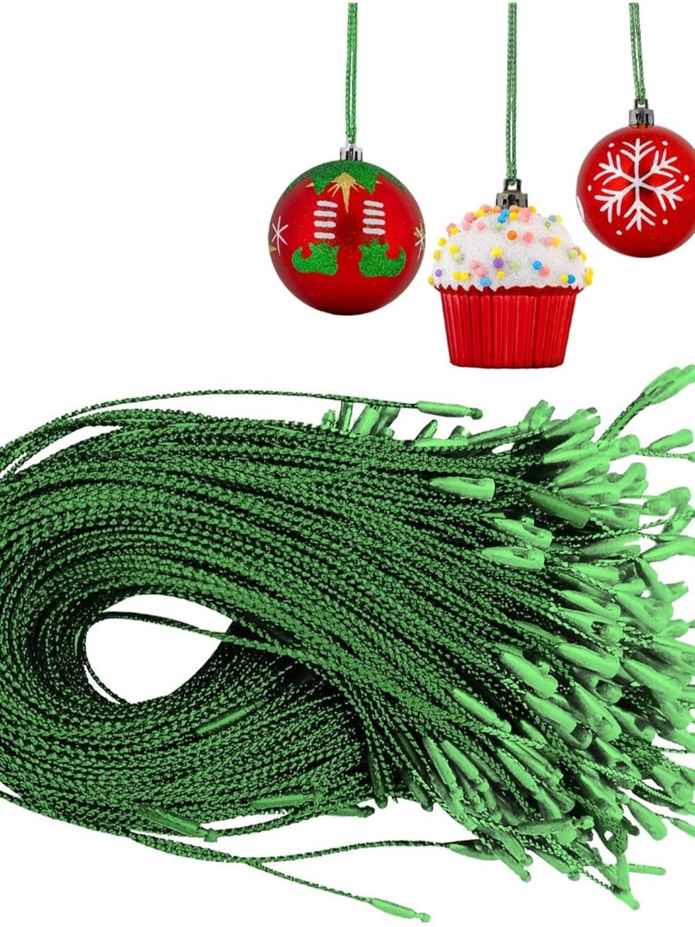 Christmas Tree Ornament String Hooks - Green Easy Snap Ribbon 200 Pk
